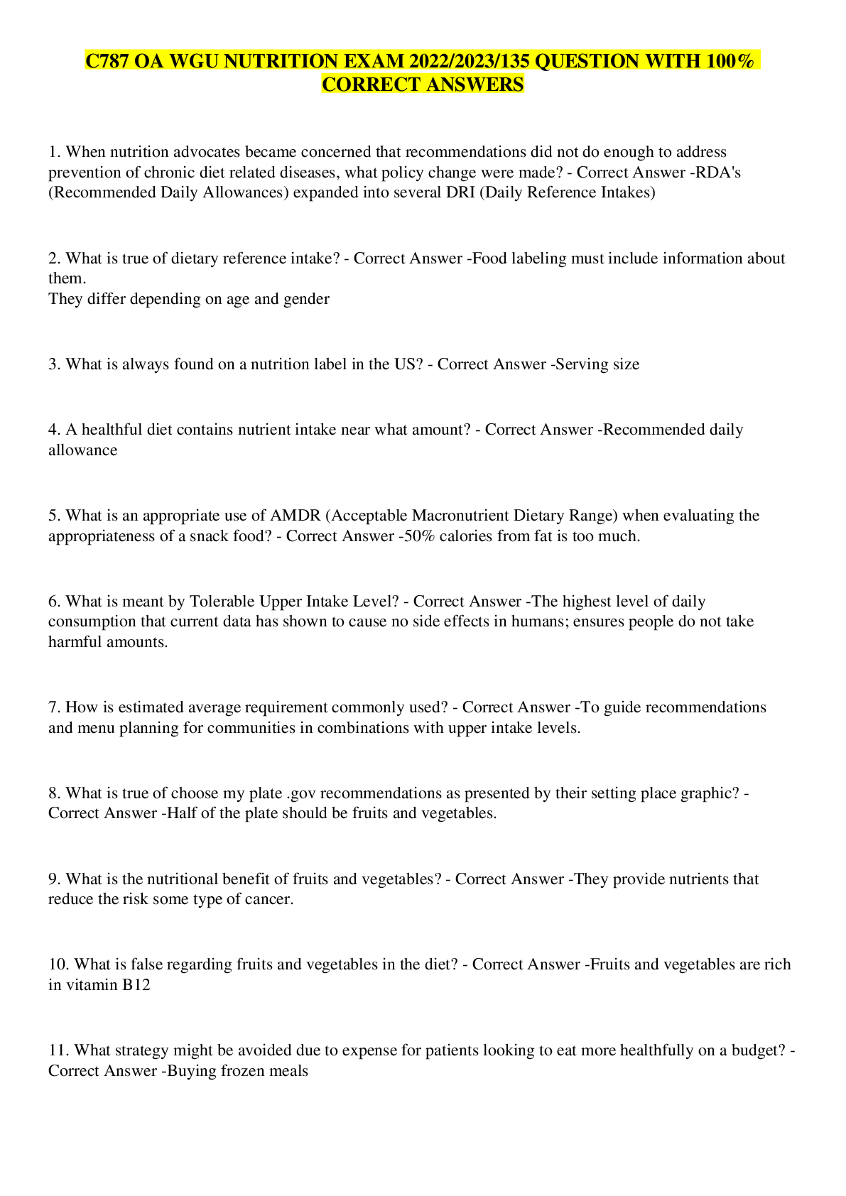 Preview image for C787 OA WGU NUTRITION EXAM 2022/2023/135 QUESTION WITH 100% CORRECT ANSWERS
